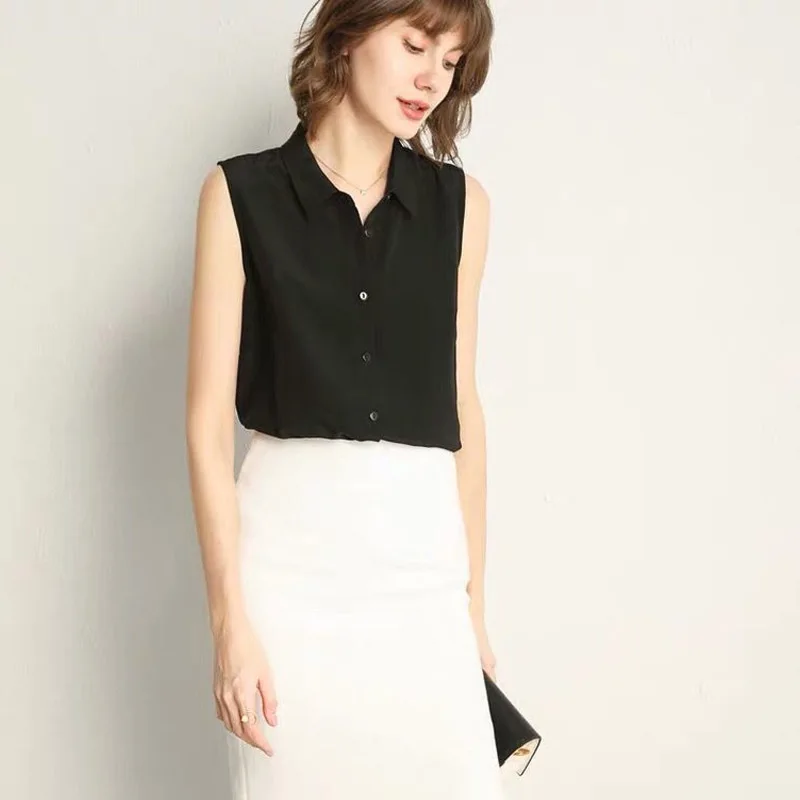 Chemisier sans manches en mousseline de soie pour femmes, couleur unie, col Polo, décontracté, ample, tempérament, à la mode