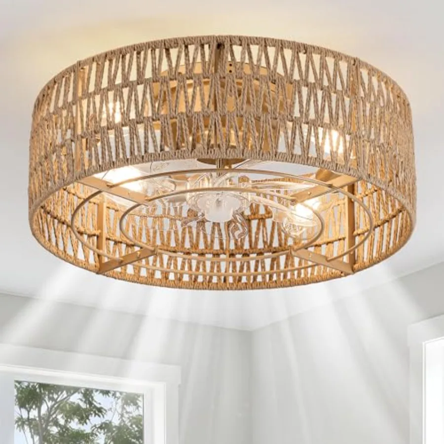 

Boho caged ceiling fans with lights for living room, bedroom, dining room: hand-woven rattan, natural color, flush mount, remot