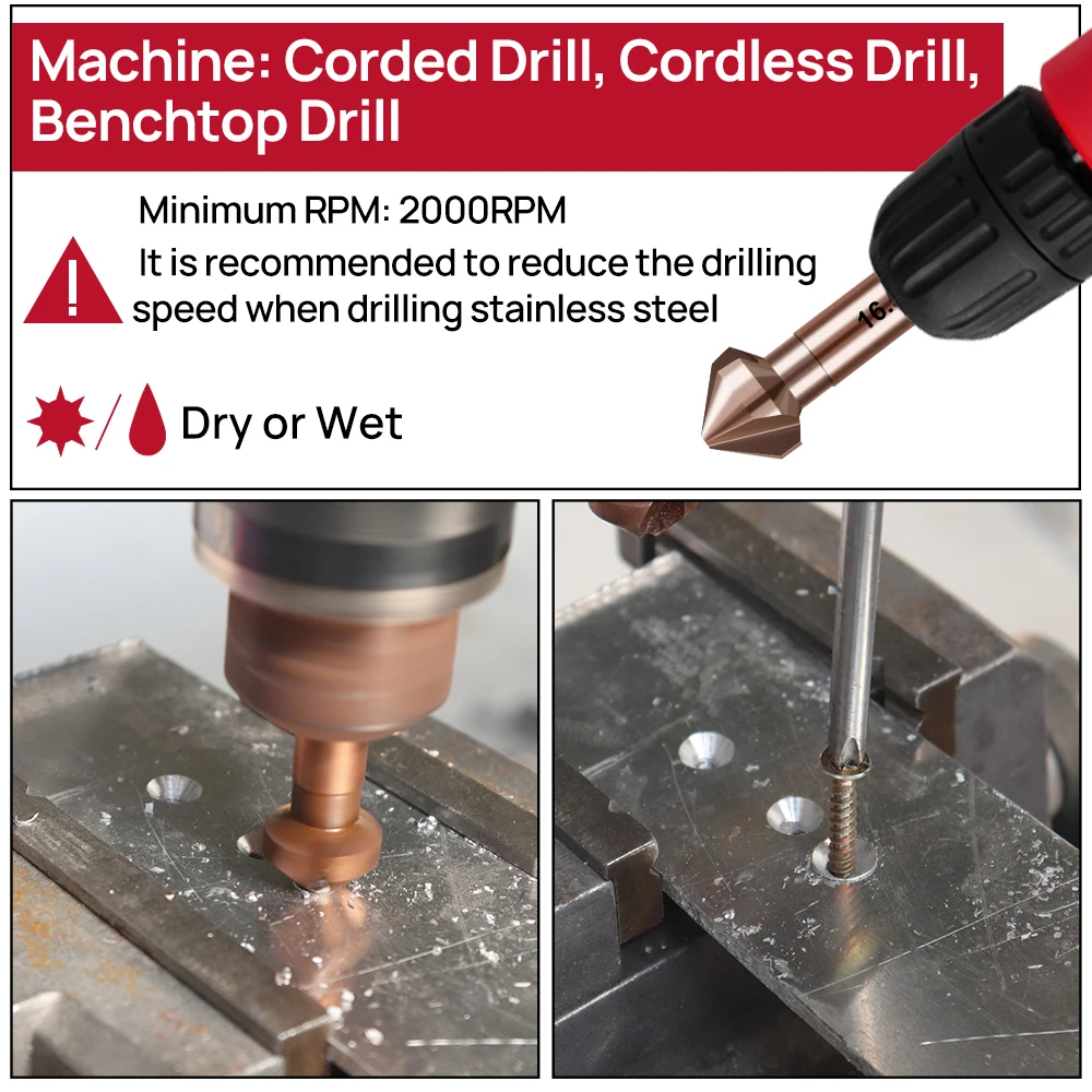 FOCSTOL Countersink Drill Bits Set 6Pcs M35 HSS Chamfer Bits For Stainless Steel Iron Metal 90 Degrees Deburring Chamfer Cutter