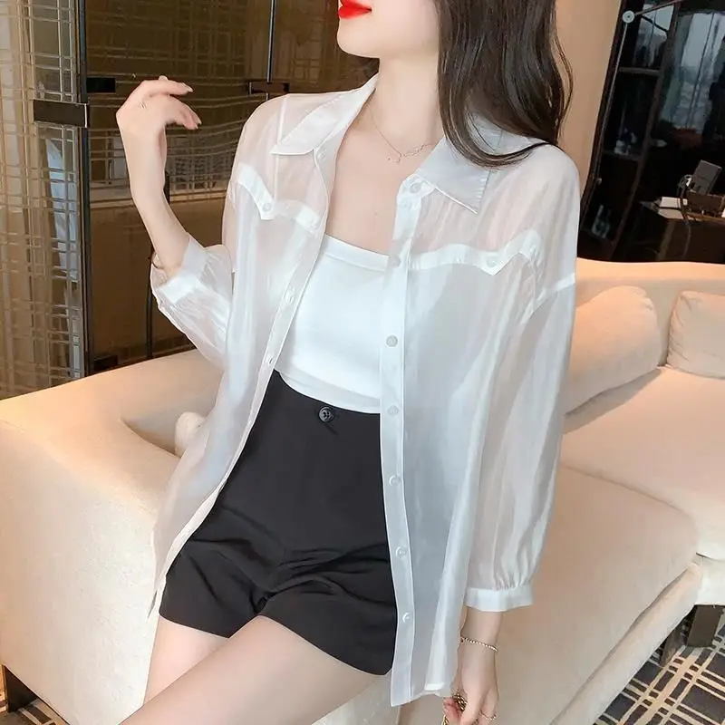 Spring and Autumn Women\'s Solid Color POLO Neck Button Mid Length Loose Sleeve Shirt Fashion Casual Elegant Commuter Tops