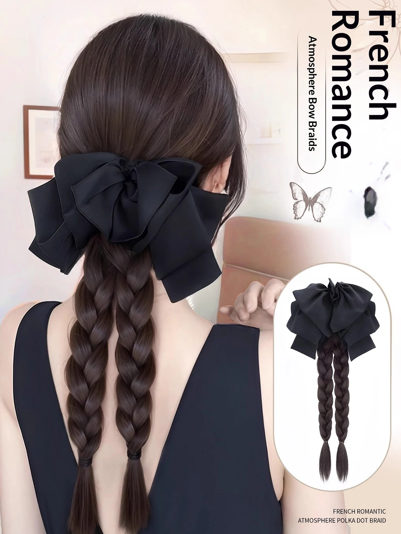 Black Satin Bow Braided Ponytail Synthetic Hair Heat Resistant Fashion Hair Accessories for Women Daily Party