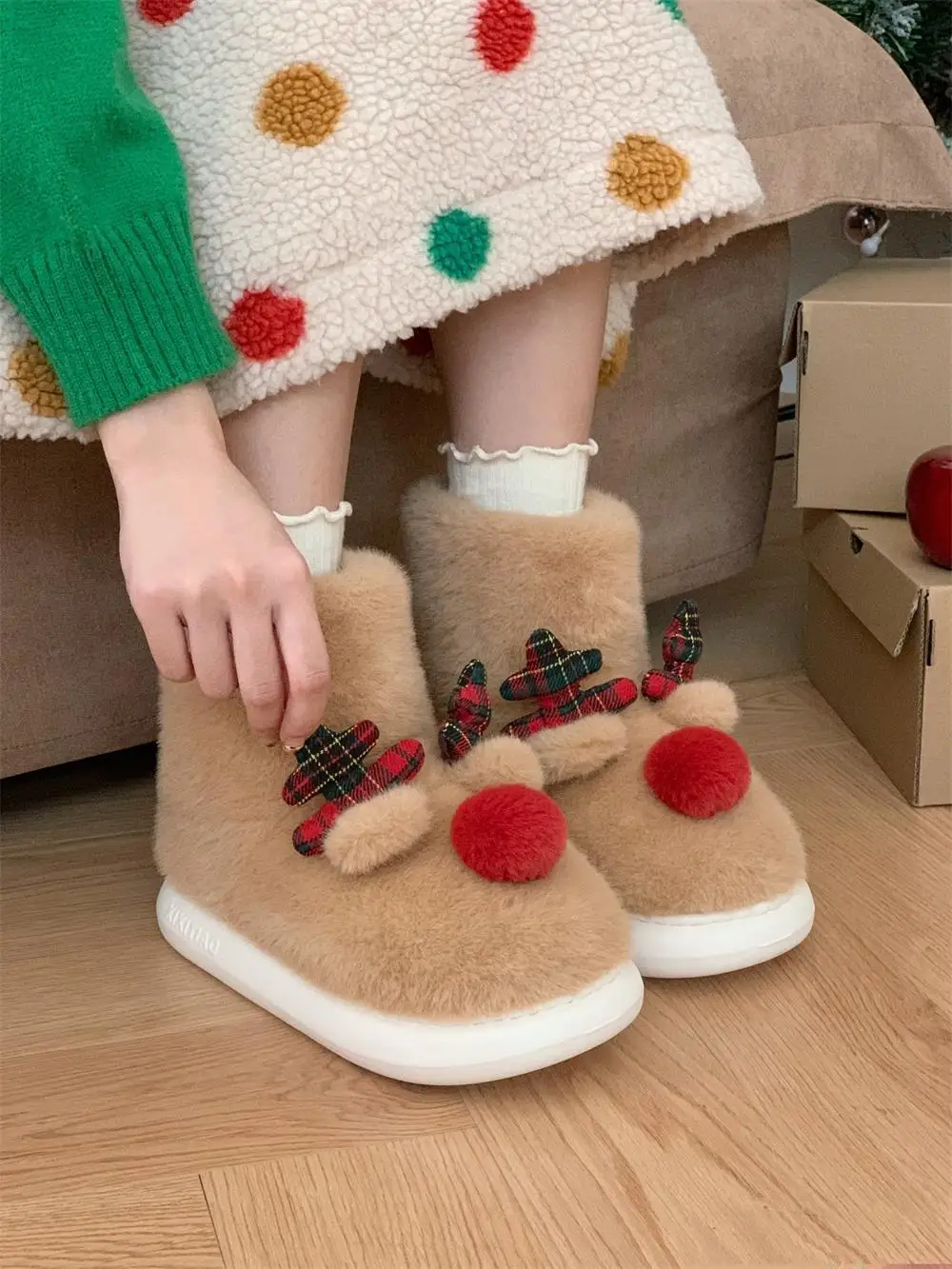 Women Snow Boots Christmas Gift Elk Cotton Boots For Women 2024 Winter Cute Ins Indoor Household Home Fury Mid Tube Snow Boots