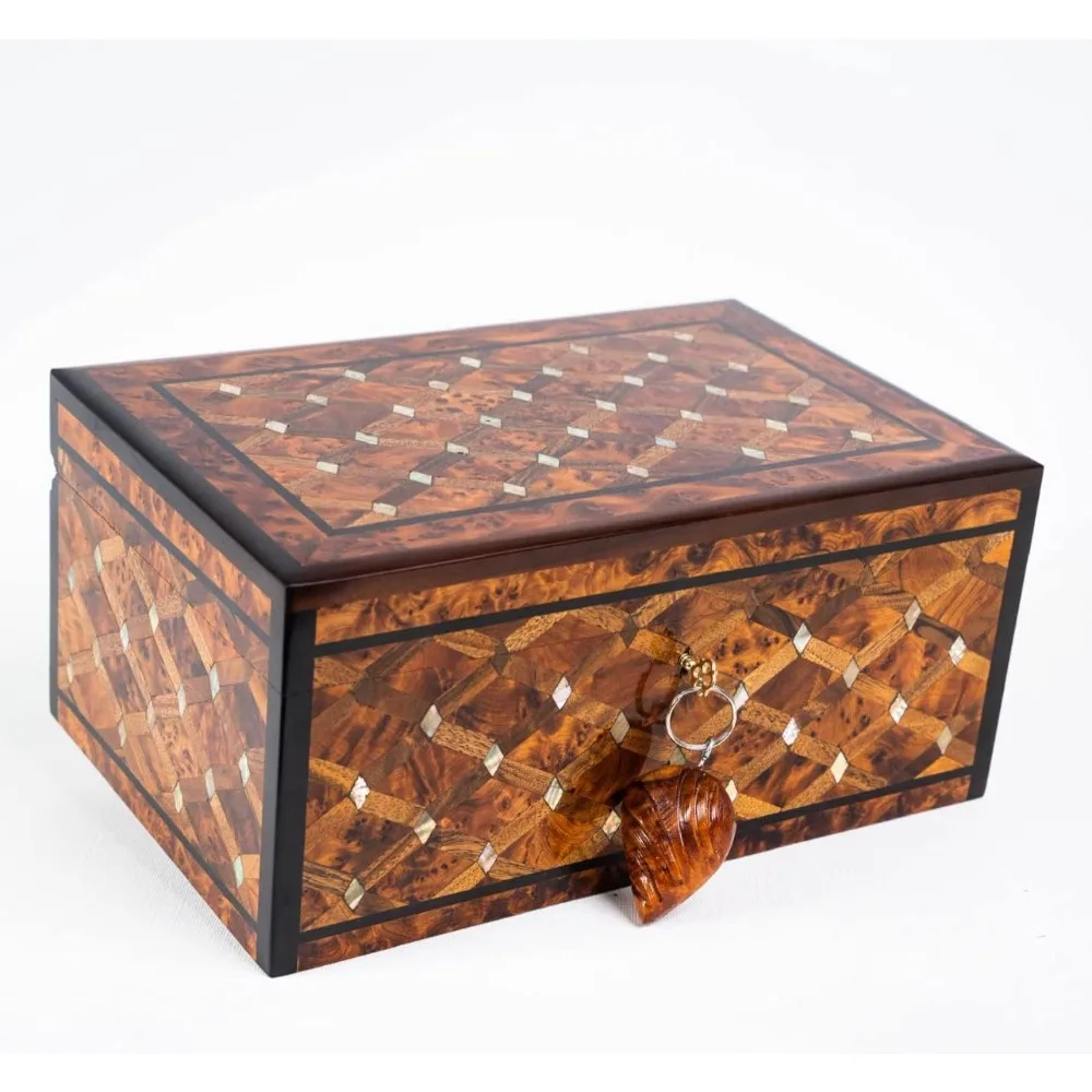 

Hand carved wooden box souvenir box jewelry decoration art organizer Thuya Burl, inlaid with ebony and mother of pearl