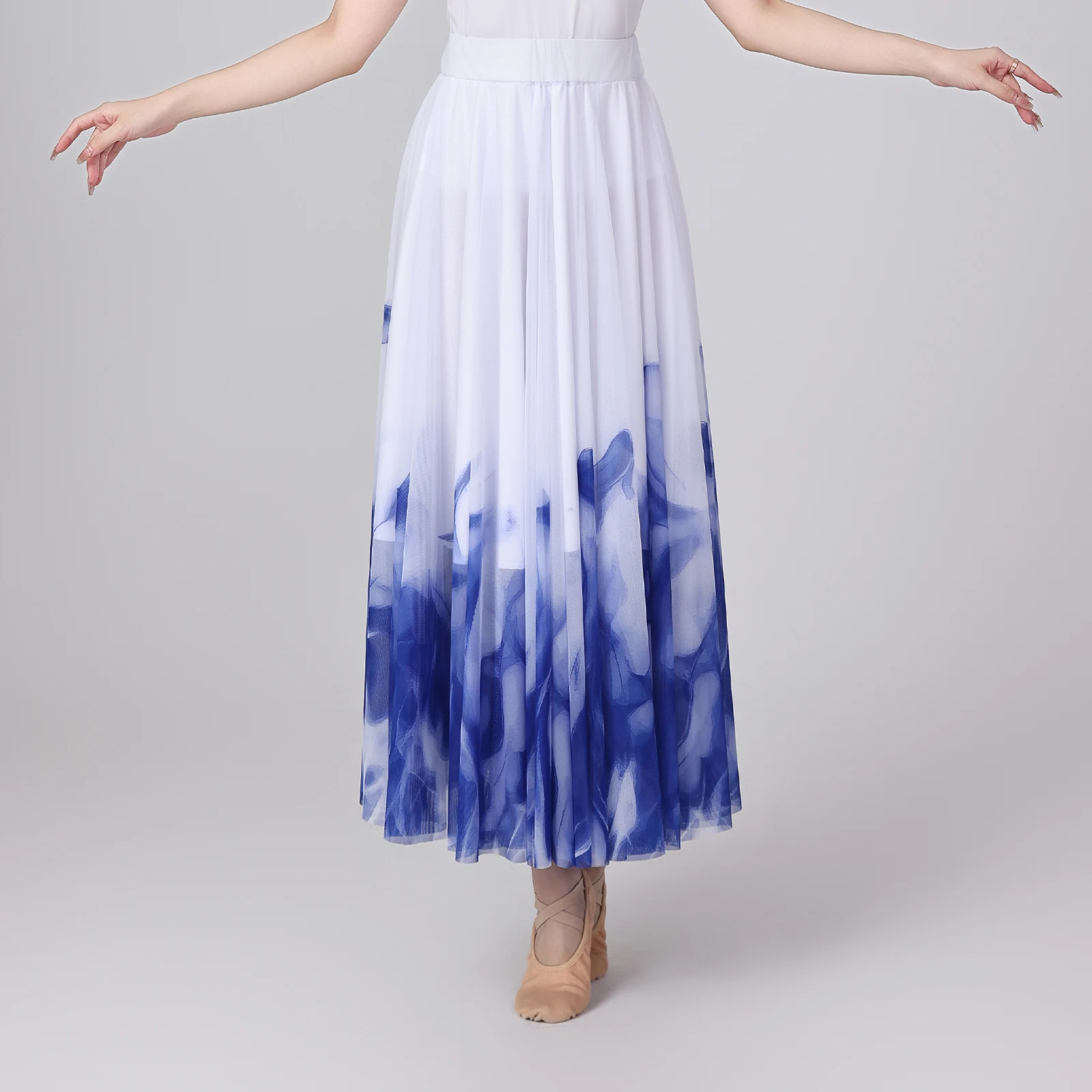 Women Oriental Dance Ink Painted Maxi Skirts Contrast Color Big Swing Mesh Skirt Dancwear for Classic Dance Lyrical Modern Dance