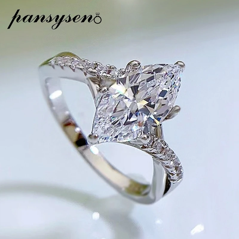 PANSYSEN 100% 925 Sterling Silver Marquise Cut Simulated Moissanite Diamond Wedding Engagement Ring Women Fine Jewelry Wholesale