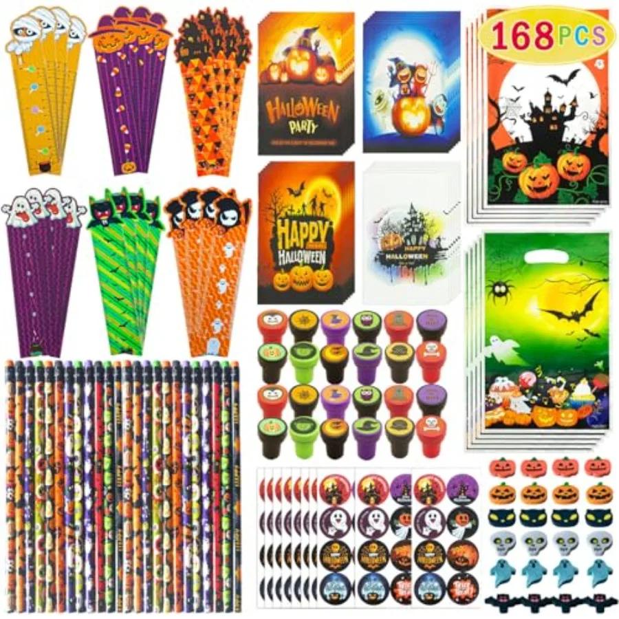 

168 PCS Halloween Party Favors, 24 Pack Stationery plies Set, Halloween Treats for,Halloween Goodie Bag Fillers including Penci