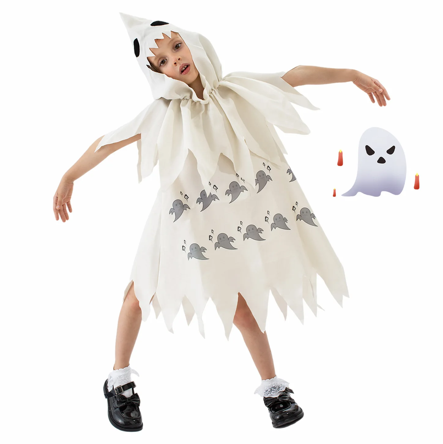 

Halloween Party Horror Ghost Face White Ghost Cape Dress Role Playing Costume Set Children's Fashion Stage Performance Costume