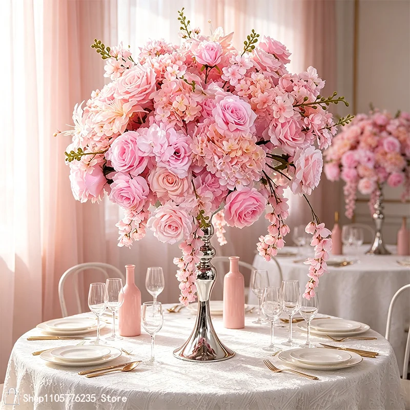 Rosa Künstliche Blumenarrangements Tischdekoration Blumenball Rose Delphinium Hochzeit Bankett Esstisch Party Event Dekoration – Detail 1