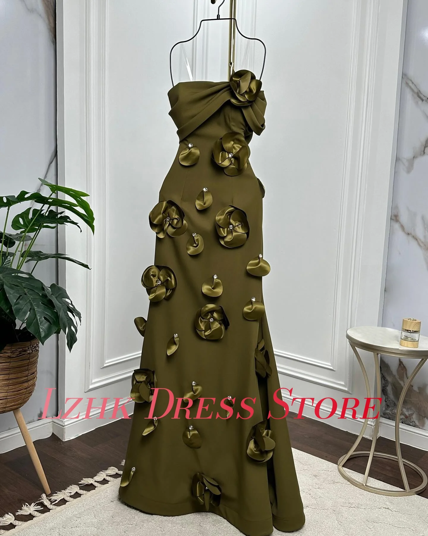 تخصيص مثير جيرسي ألف خط كريستال 3D الزهور مساء اللباس مزاجه أكمام حمالة الطابق طول فساتين المشاهير