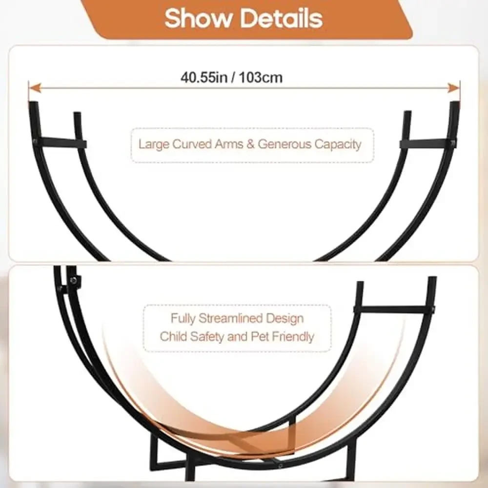 رف سجل فولاذي عالي التحمل منظم حطب متين مقاوم للصدأ مع أذرع منحنية وقاعدة مرتفعة للتخزين الداخلي/الخارجي باللون الأسود #3