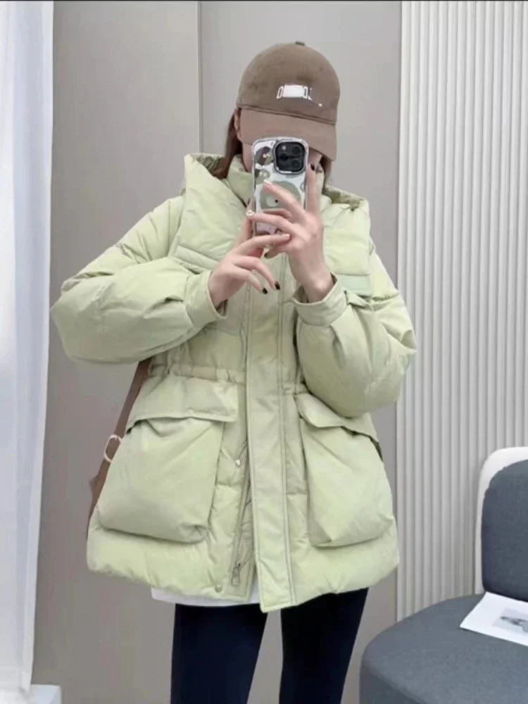 

light Green Pink Down Jacket Women's Short 2023 New White Duck Down Slimming Waist Black Winter Coat Trend