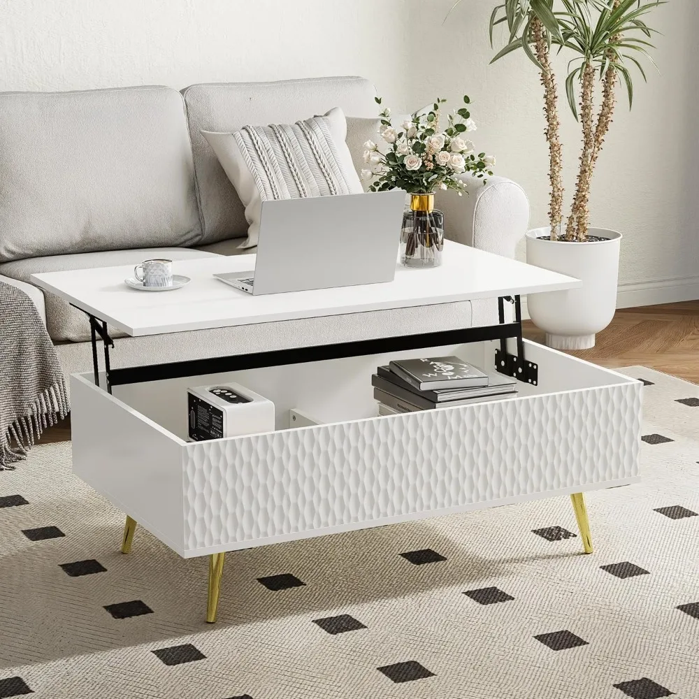 Mesa de centro, 39,37 pulgadas con almacenamiento oculto, mesa de comedor con panel curvo y cuatro patas, mesa de centro elevable