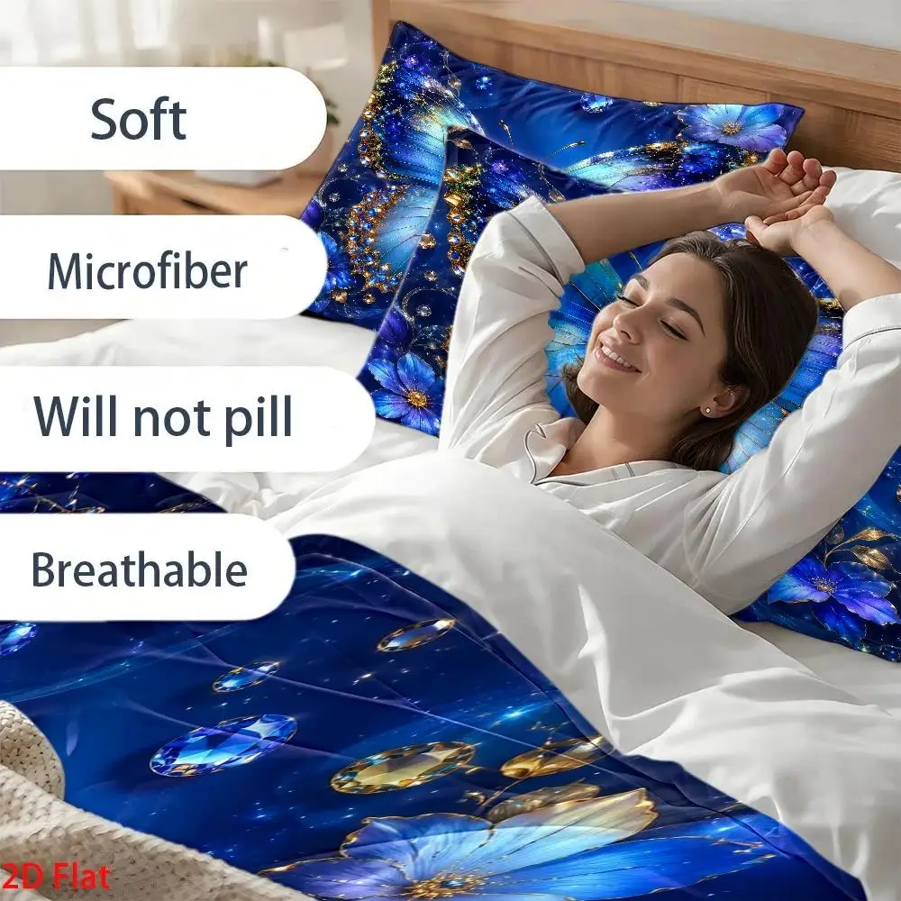 3Pc Light Luxury Style Blue Butterfly Diamond Print Quilt Cover Set, 1*Quilt Cover + 2*Pillowcases, Three-Piece Bedding Set, Skin-Friendly Breathable Polyester Woven Double Bedding, Quilted Duvet Cover with Invisible Zipper, Suitable for All Seasons, Soft and Comfortable, Easy to Clean, Durable, Wrinkle-Resistant, Machine Washable, Modern Minimalist Nordic Style Bedroom Decor Bedding, Home Master Bedroom Guest Room Student Dormitory Cozy Home Furnishings, Large Double Bed Cover Set, 3Pcs Light Luxury