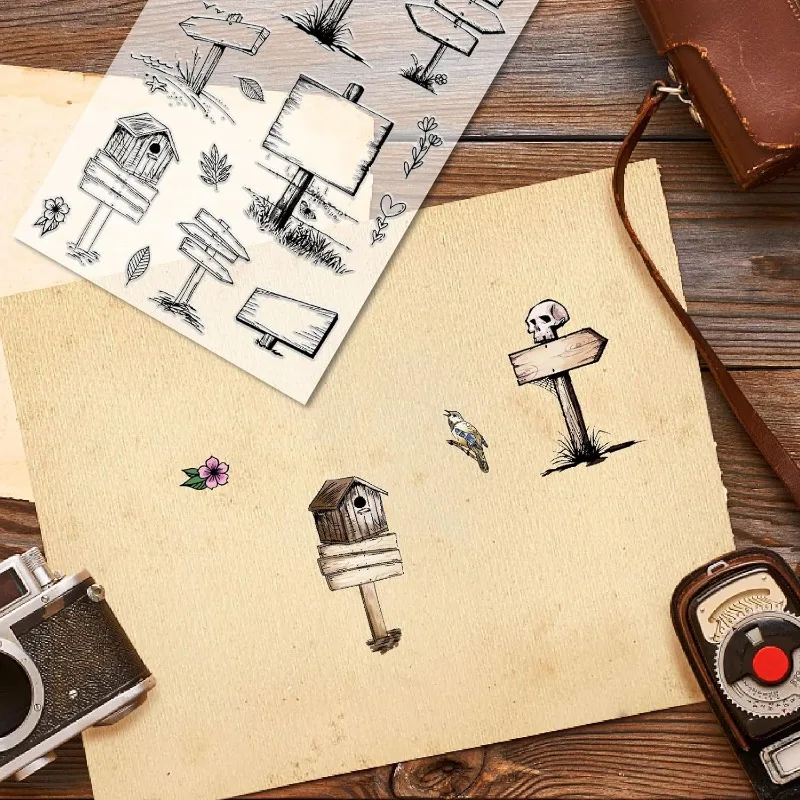 1pc Rustic Road Signs Clear Rubber Stamp Label Mailbox Farm Vintage Transparent Silicone Seals Stamp Retro for Journaling Card