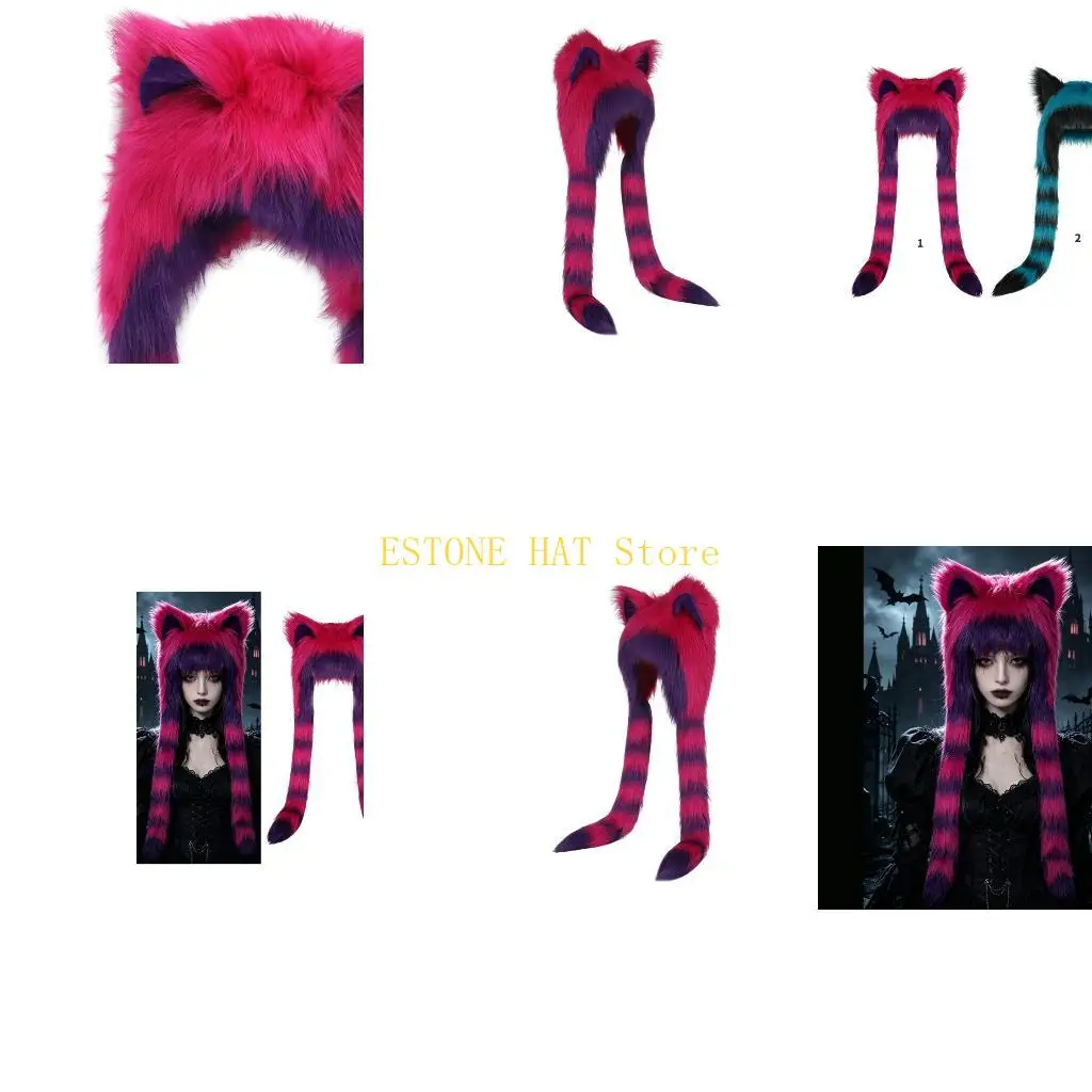 Gothic Plush Ear Hat with Long Hanging Side Panels, Pointed Ear Earflap Headwear for Festival Cosplay Winter Styling