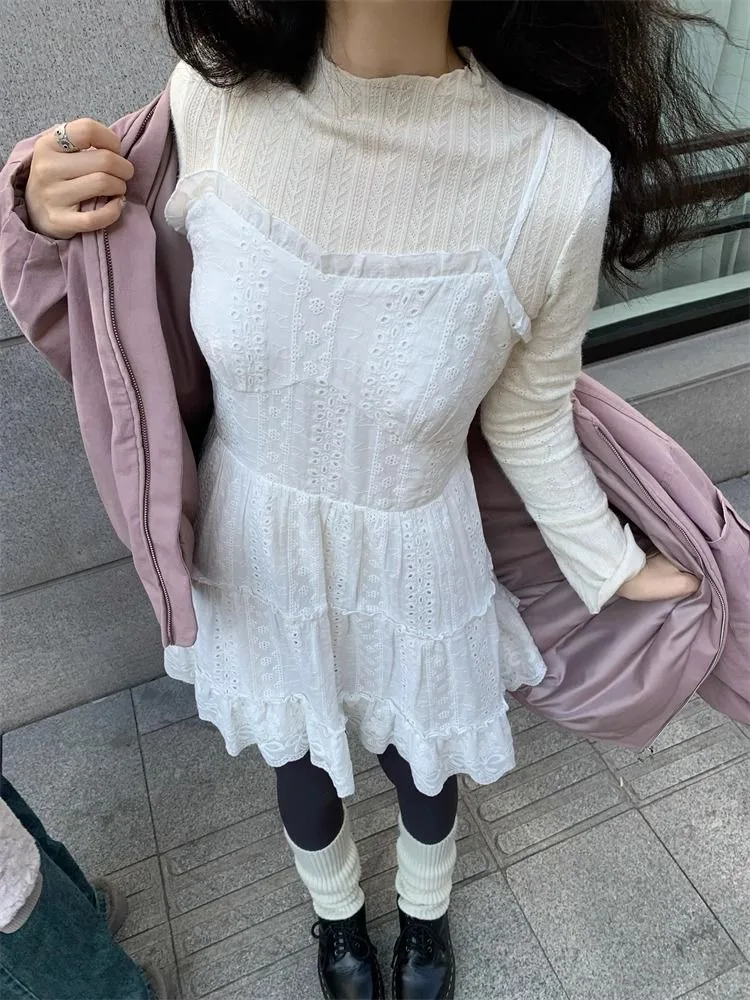 Coreano bonito sem mangas vestido de renda branca primavera verão de uma peça em camadas vestido deslizante plissado a linha curto mini vestido feminino