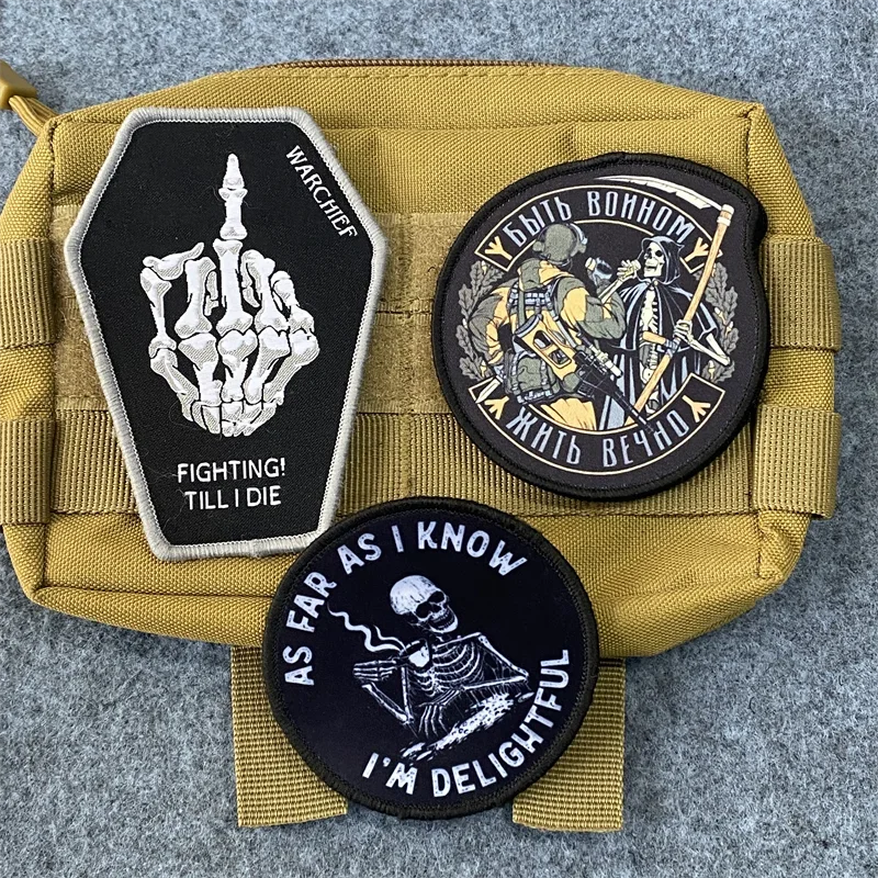 Printed Skull Patch AS FAR AS I KNOW I'M DELIGHTFUL Tactical Morale Badge Hook and Loop Armband Clothing Backpack Patches