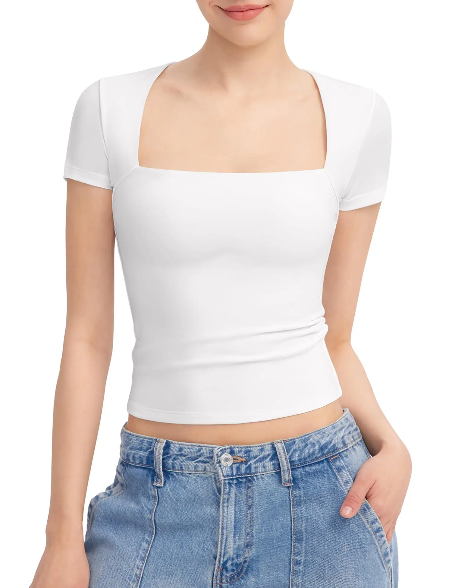 Women Crop Top Square Neck Solid Slim Fit Tops Short Sleeve 2024 New Basic Tee Female Chic Top