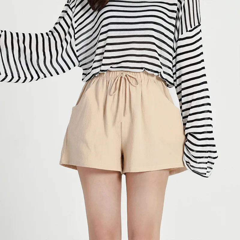 Plones Cortos de Mujer de Cintura Alta y Pierna Ancha de Aodón y Lino con Cordón, Estilo Nuevo de Verano, Capa Base, La...