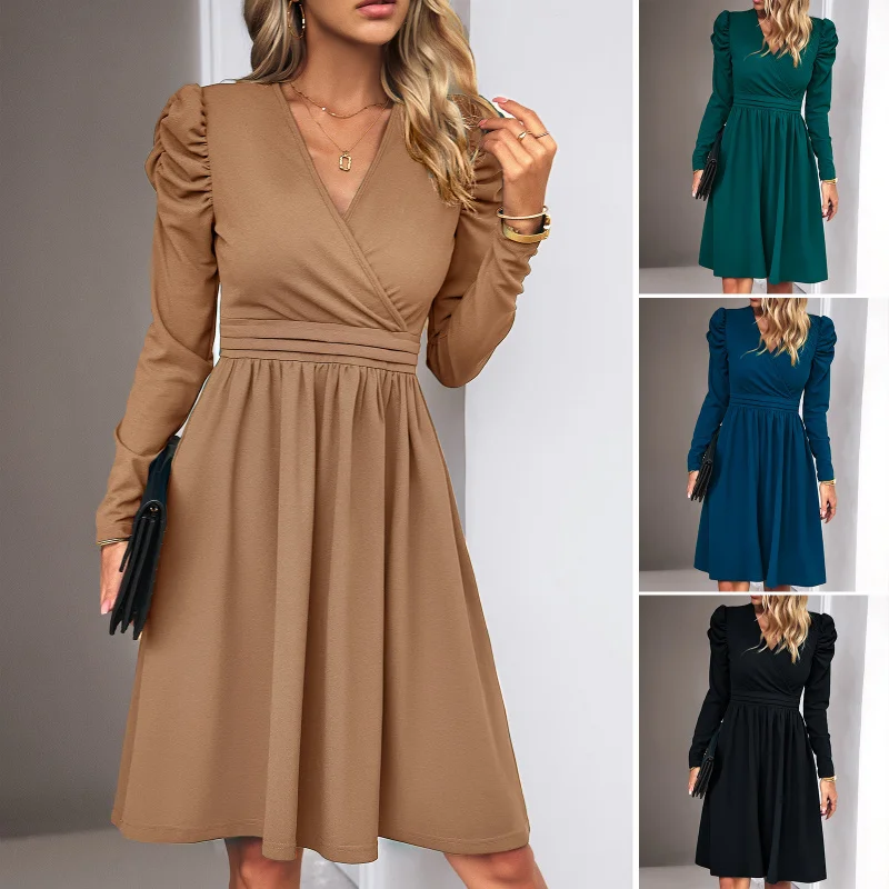 

Elegant Temperament, Clean Color, V-Neck Long Sleeved Dress