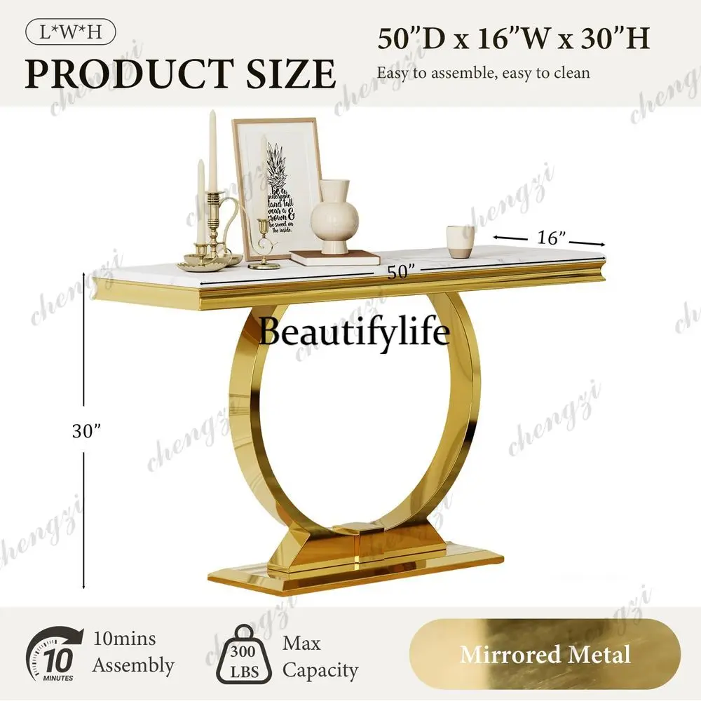z331 Gold Console Table, 50 Inch Glam White and Gold Entryway Table with UShaped Base, Polished Gold Entrance Table with White T