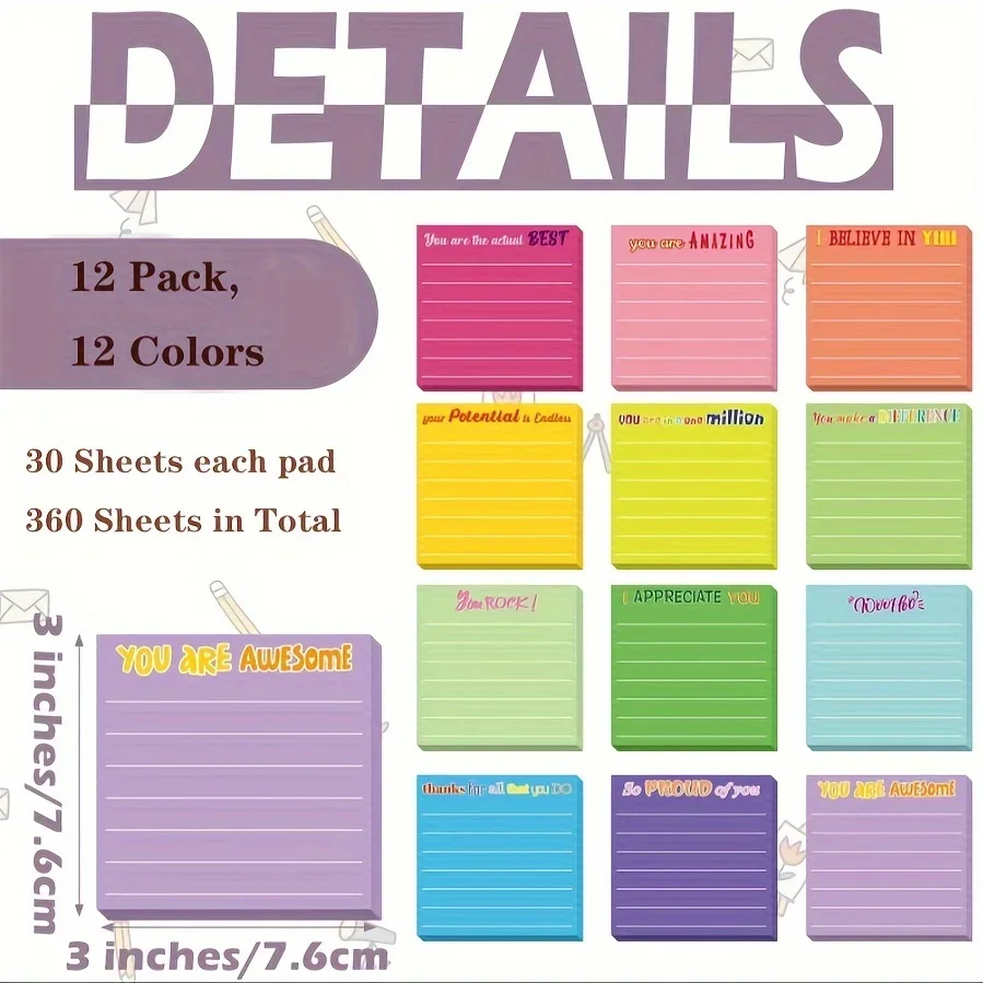 12pcs Inspirational Sticky Notes with Lines,Perfect for Appreciation Motivation Coworkers Teachers Office School Supplies