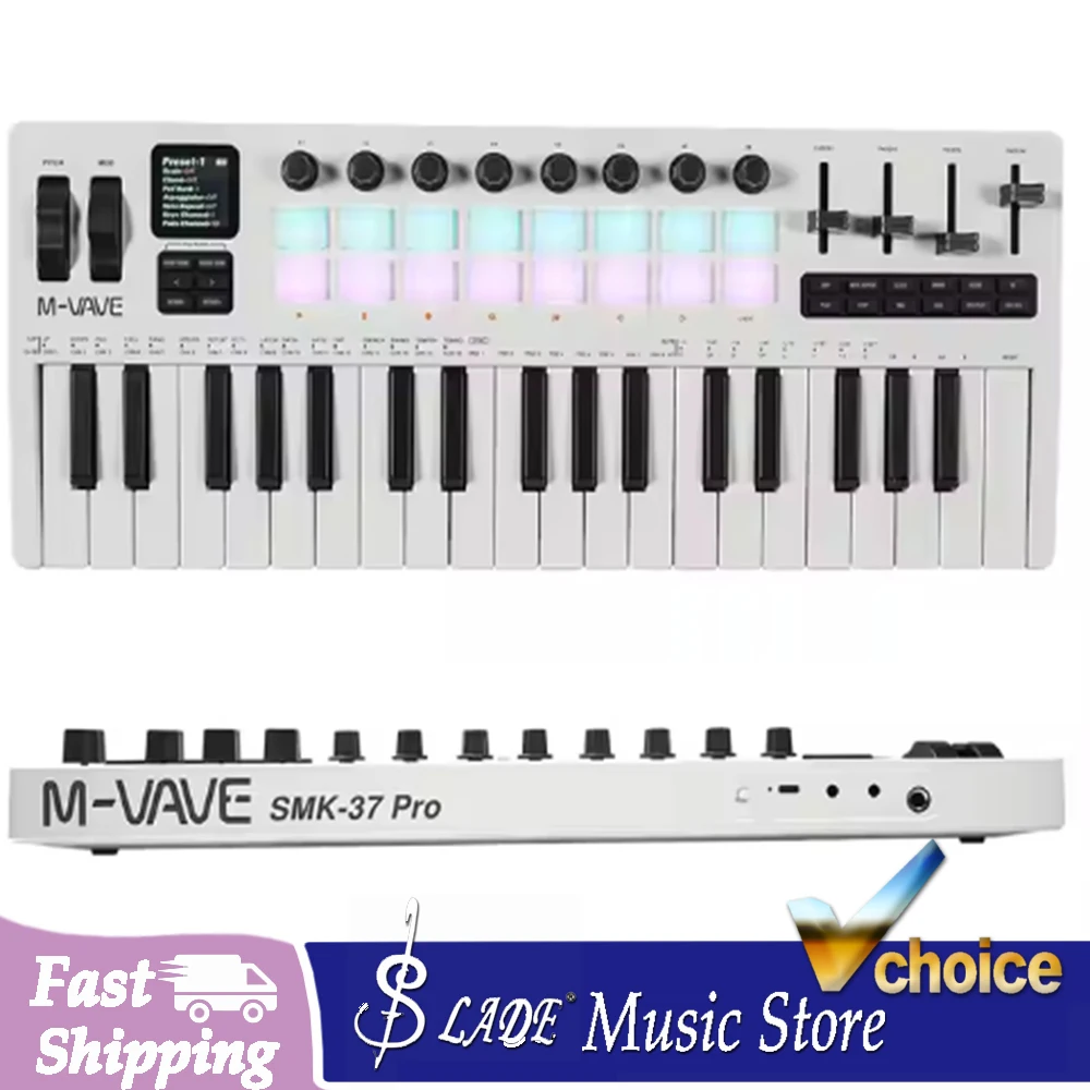 M-VAVE SMK-37 Pro Wireless MIDI Keyboard All-in-One Synth Workstation&16 Drum Pads 37 Sensitive Keys Hardware Controls White New