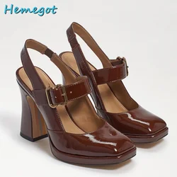 Kwadratowe Toe płytkie klamry pasa czółenka Mary jane blokowe obcasy lakierki damskie buty kostki pasek Slingback Casual Brown Solid