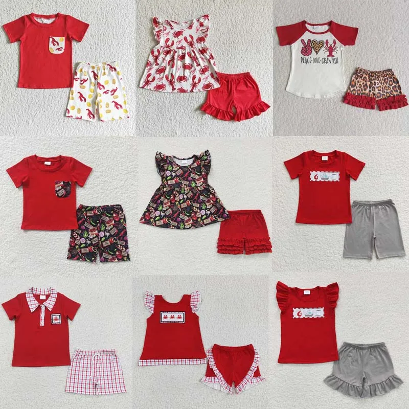 

Wholesale Baby Girls Summer Crawfish New Clothing Crayfish Crab Shirt Red Ruffle Cotton Shorts Children Boutique Kids Set Outfit