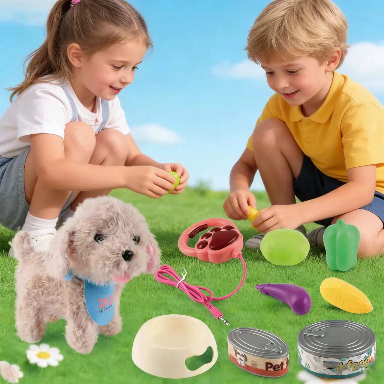 

Интерактивный плюшевый набор игрушек для собак (1 шт.) с поводком и аксессуарами для кормления — электронный питомец, который ходит и лает, лучший подарок для детей.