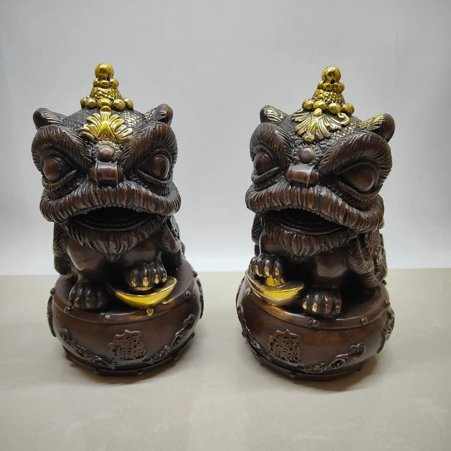 A Pair Collectible Chinese Copper Bronze Gilding Wealth Lions Statue 125016