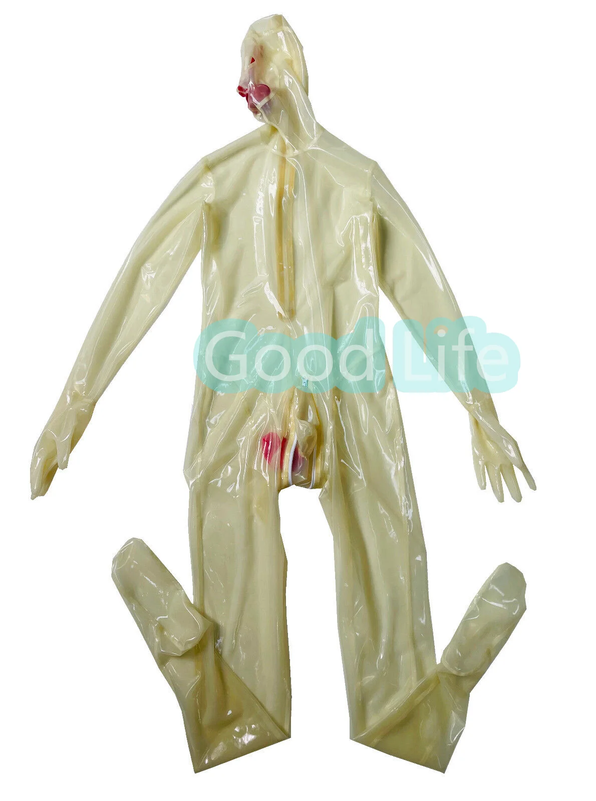 Handmade full cover transparent natural latex catsuit 15cm long nose tube red teeth zip hidden two sheath