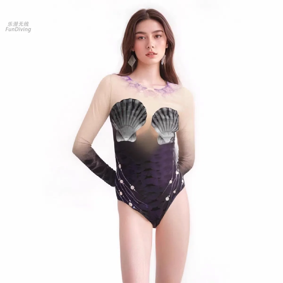 Traje de baño cálido de manga larga de una pieza con escamas de pescado de sirena, traje de actuación de sirena Oceanarium con estampado HD de concha sintética