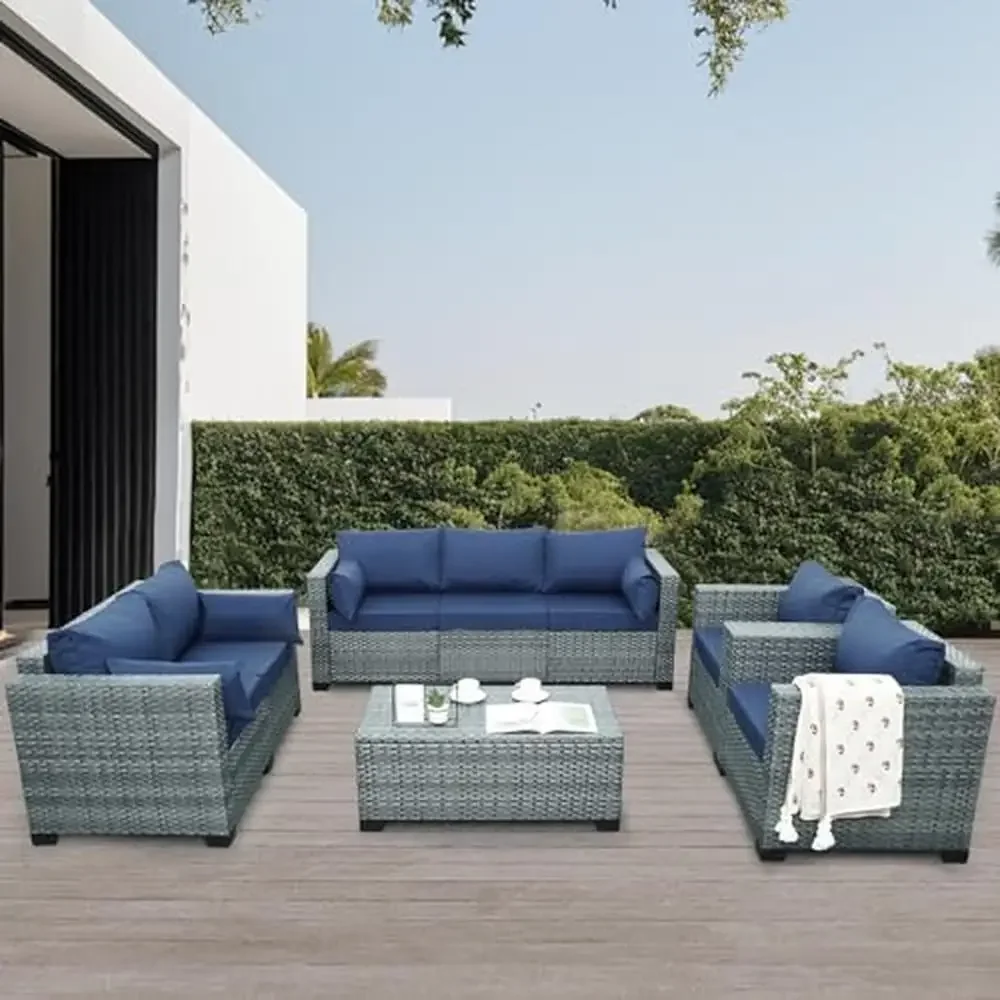 Outdoor 5-Piece Wicker Patio Furniture Set PE Rattan Sectional Sofa Couch with Storage Table Non-Slip Cushions and Bonus Gifts