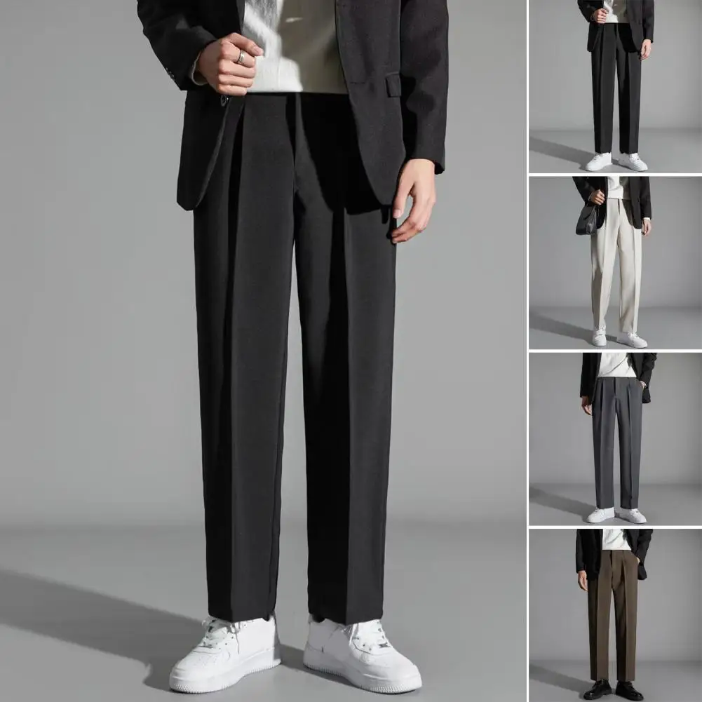 Men Formal Pants Elegant Men's Suit Pants with Drawstring Closure Straight Leg Slacks in Solid Color for Formal Business Style