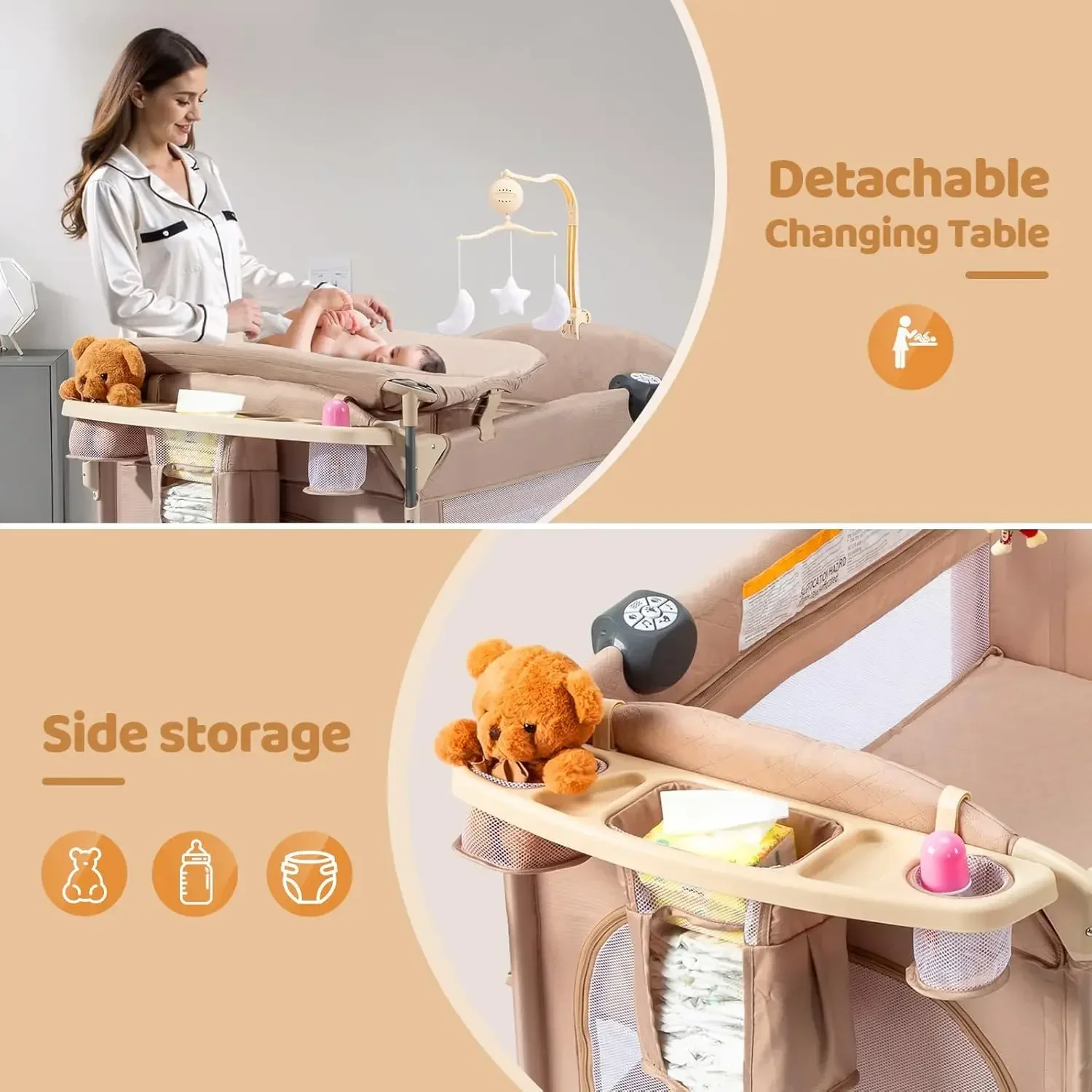 9 In 1 Bedside Bassinet Changing Table Pack And Play Convert To Rocking Baby Bed Electric Music Center Mosquito Net Storage Beig
