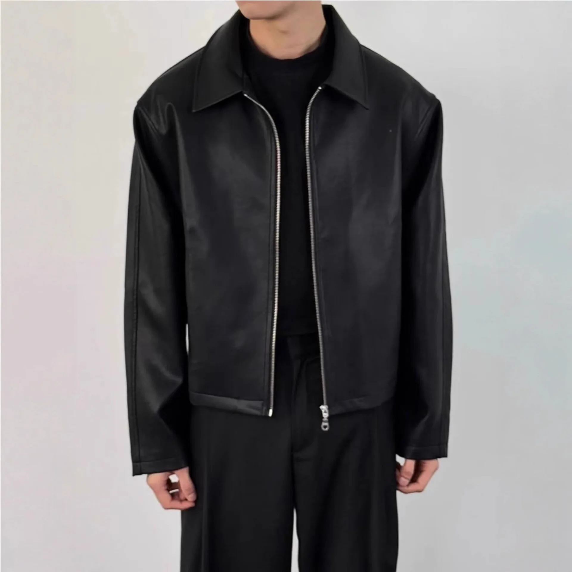 American Style Men Black Solid Color Simple Basic Casual Trendy Daily Turn-down Collar Long Sleeve Zipper Faux Leather Coats