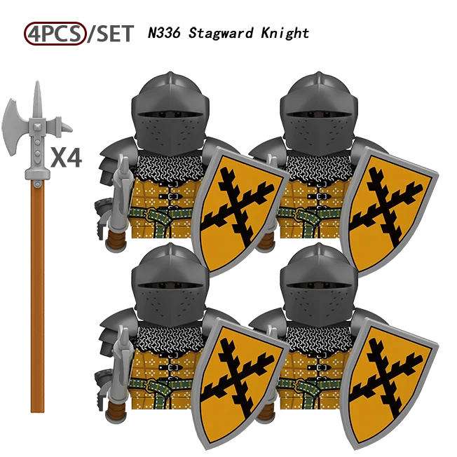 MOC Mittelalterliche Burgturm-Ritterfiguren Bausteine Waffen Schild Schwert Helme Rüstung Weste Hirsch Soldaten Armee Bausteine Spielzeug