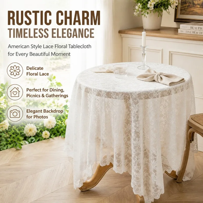 American Rural Hollow Lace Tablecloth with Floral Prints Breathable Decor Fabric for Indoor Dining Surfaces Portable Picnic