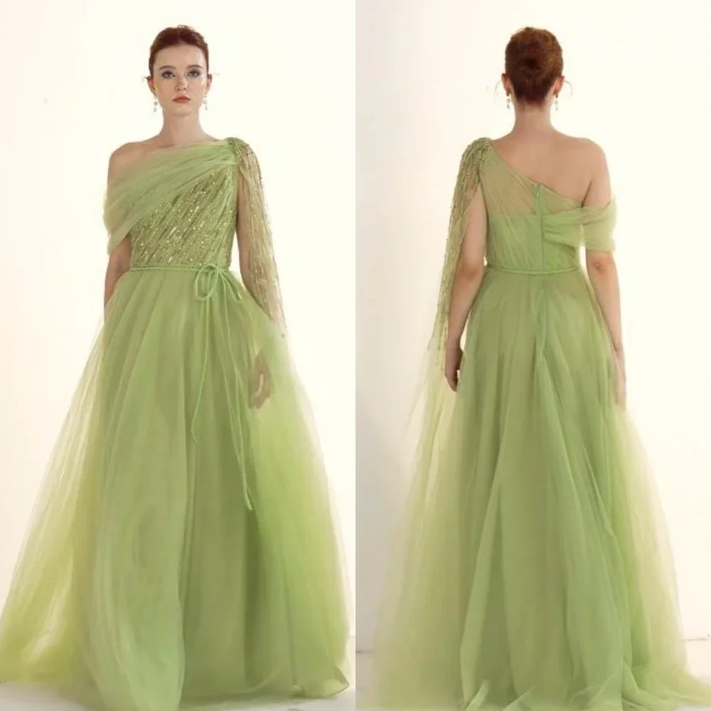 

Simple Light Green Prom Dress Women Party Gown Sparkle Elegant One-shoulder Ball Beading A Line Draped Organza Evening Dresses