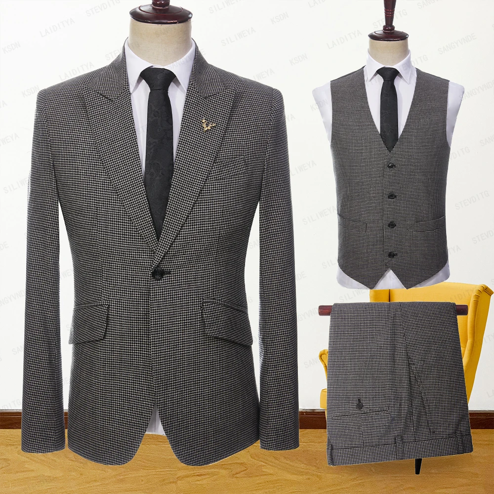 

2023 New Costume Homme Popular Men Linen Suits Black White Reto Classic Plaid Groom Slim Fit Tuxedo 3 Pcs Set Jacket Vest Pants