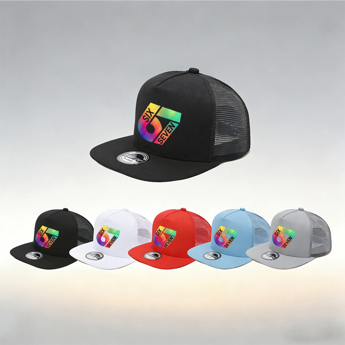 1/2PC Flat Brim Mesh Trucker Hat, Breathable, Gradient 67 SIX SEVEN Print, Retro Streetwear for Men Women