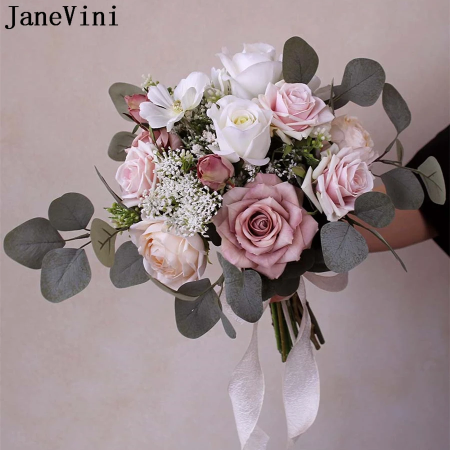 JaneVini Vintage Blush Pink Roses Wedding Bouquets White Artificial Bride Flowers Eucalyptus Bridal Bouquet De Fleure Mariage