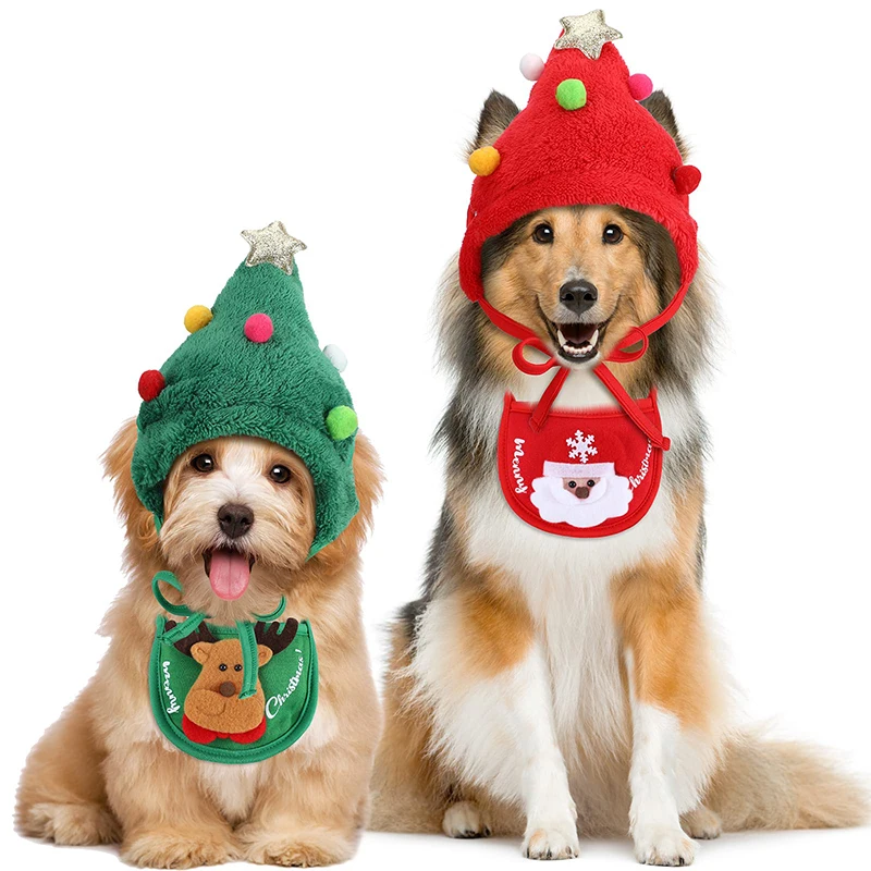 Christmas Pet Costume Xmas Tree Hat Small Puppy Cat Headgear and Adjustable Collars Bib Santa Elf for Party Outfit Clothing