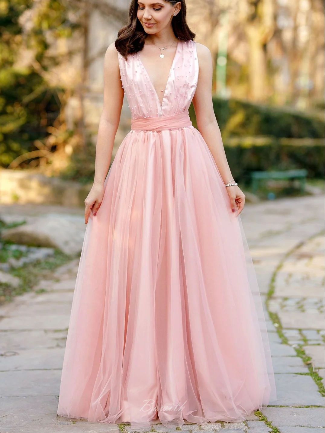 

Bowith Pink Wedding Party Dresses For Women Guest Sleeveless V-Neck Sexy Tulle Long Dress For Dancing Parties Prom Gown