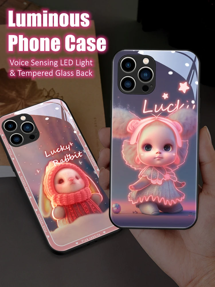 

Cute Dolls Voice Sensing LED Light Glowing Luminous Case for iPhone 16 Series Tempered Glass Cover for Christmas Gift Giving