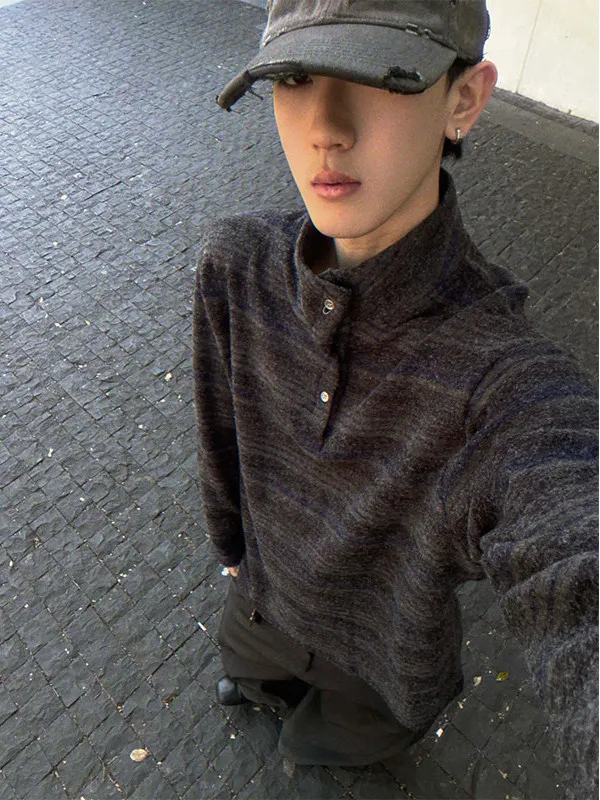 

Мужская свободная трикотажная футболка в корейском ретро-стиле с полосками, длинным рукавом и воротником-стойкой, повседневная, для ношения под одеждой, весенняя, из полиэфирного волокна