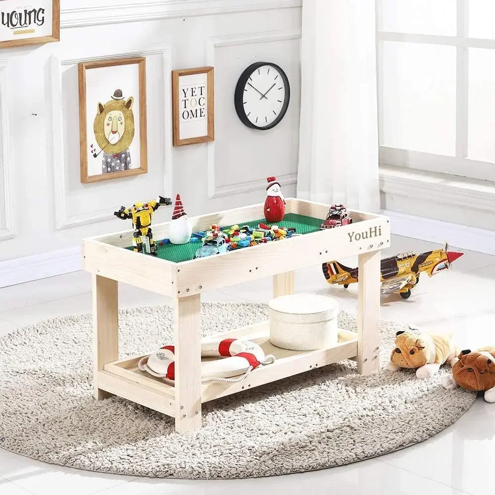 Kids Activity Table with Board and Storage for Bricks Activity Play Table (Wood Color)