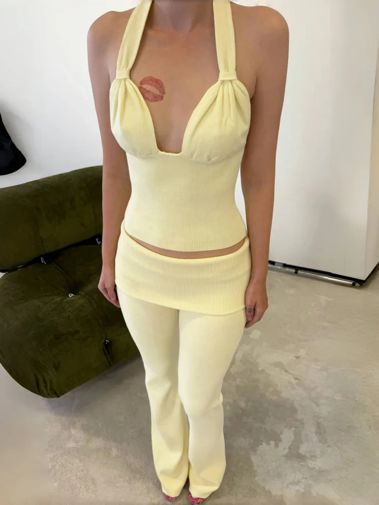 

Oniflyme Basics Casual Pants Set Women Halter V Neck Backless Vest Top High Waist Flare Pants 2 Piece Streetwear Matching Outfit