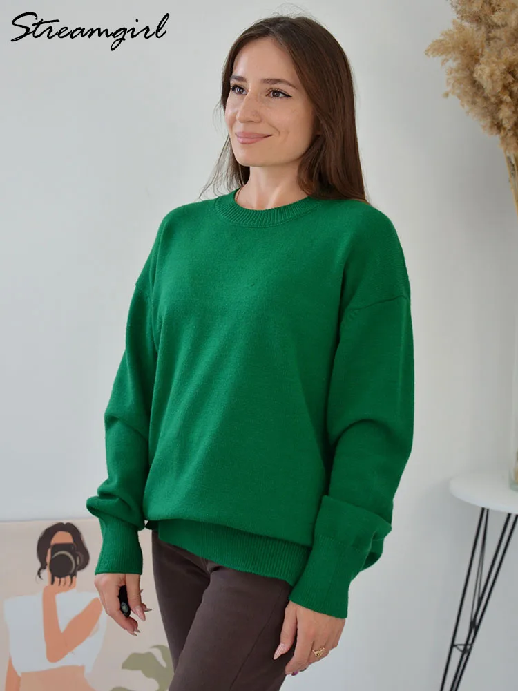 Streamgirl Khaki Winter Sweater Women Fashion Knitwears Oversize Pullovers O Neck Warm Green Oversized Sweater Women Knit Tops